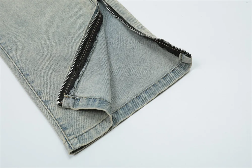 2023 Washed White Straight Denim Jeans Mens Ins Fashion Streetwear American Loose Trousers Feet Zipper Slit Casual Daddy Pants