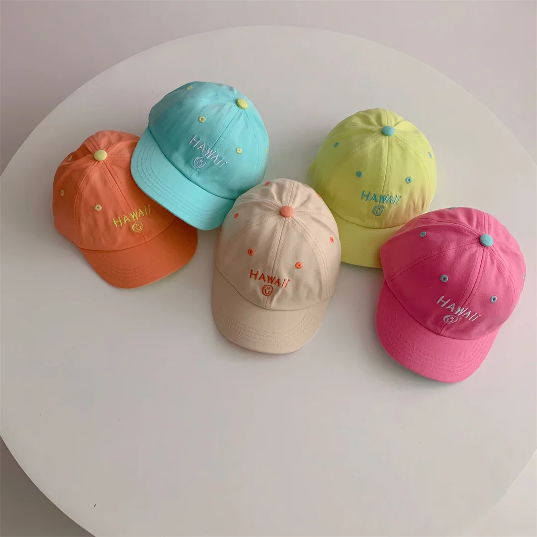 

2023 New Baby Baseball Cap Cartoon Letter Smiley Embroidery Kids Outdoor Sun Visor Hat Girls Boys Adjustable Children Caps