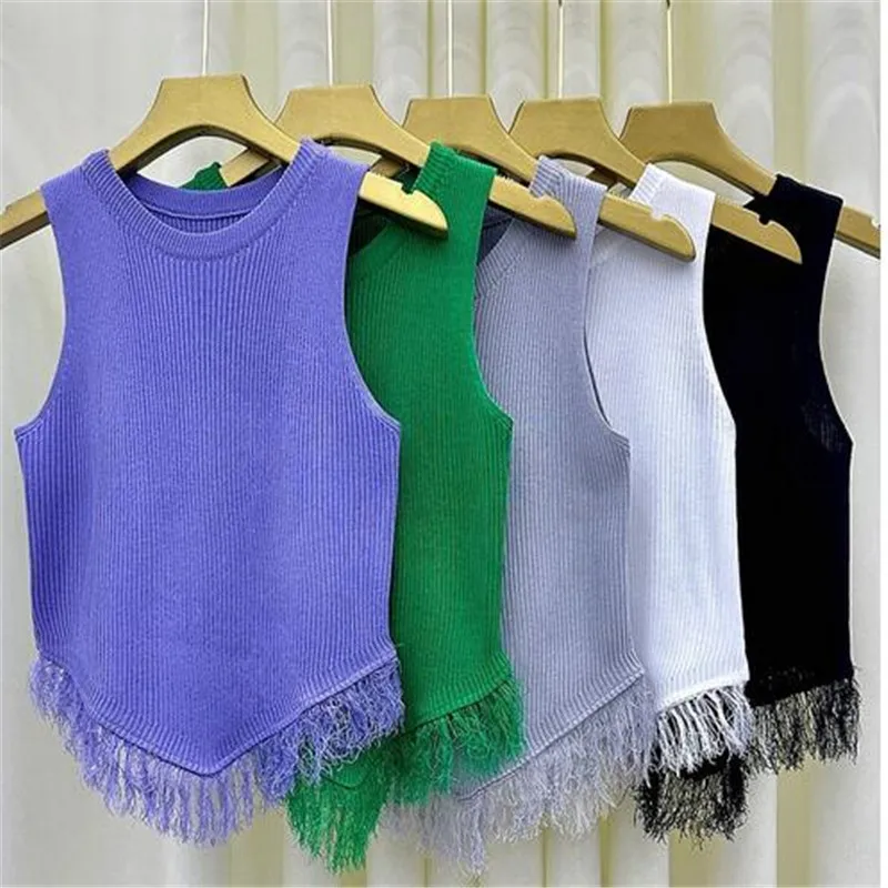 

Women High Street Sexy Hem Tassel Diamond Beading Knitting T Shirt Chic Short Camis Tank Lady Slim Crop Vest Tops