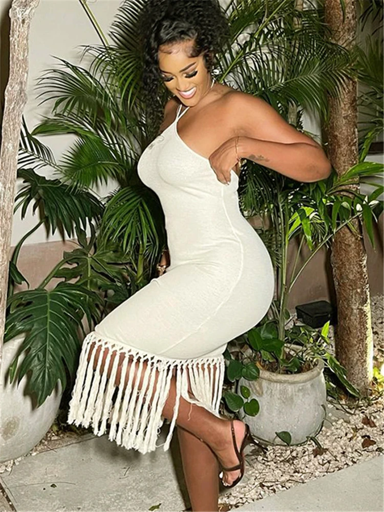 

Tossy Women Sleeveless Fringed Maxi Dress Chic Elastic Fashion Streetwear Ladies Bodycon Slim Halter Dresses Holiday New Summer