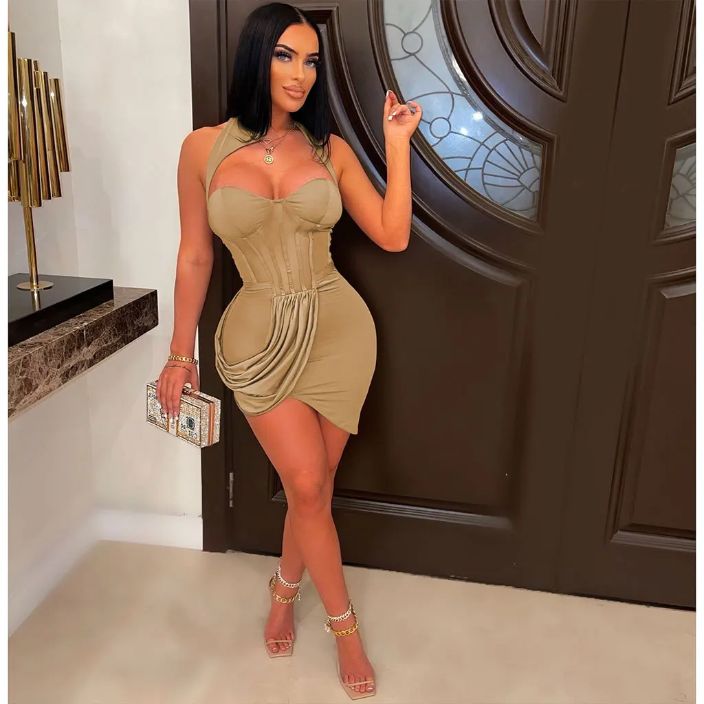 

Elegant Corset Irregular Mini Dress for Women Sexy Sheer Mesh Patchwork Halter Bodycon Evening Club Party Dresses Y2k Clothes