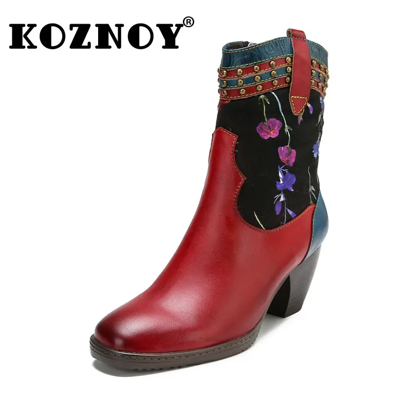 

Koznoy 5cm Cow Suede Genuine Leather Print Ethnic Comfy Booties Woman Moccasins Fashion Ankle Mid Calf Boots Autumn Spring Shoes