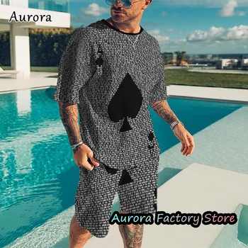 Summer Men's Fashion Trend Tracksuit 3D Print Poker A T-Shirt Shorts Suit 2 Pieces Casual Outfit Set Male Oversized Clothing 1