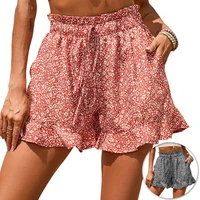womens summer shorts chiffon printing floral ruffles shorts casual pocket beach pants fashion with belt shorts
