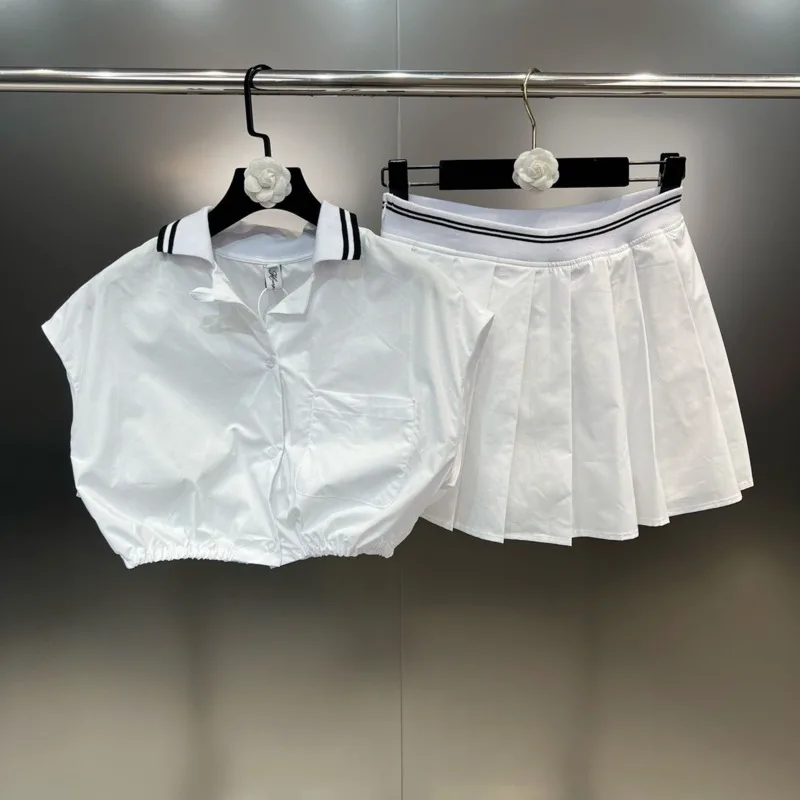

BORVEMAYS 2023 Summer Lapel Sleeveless Single-breasted Patchwork Shirt + Stretch High Waist Pleated Skirts Two-piece Sets White