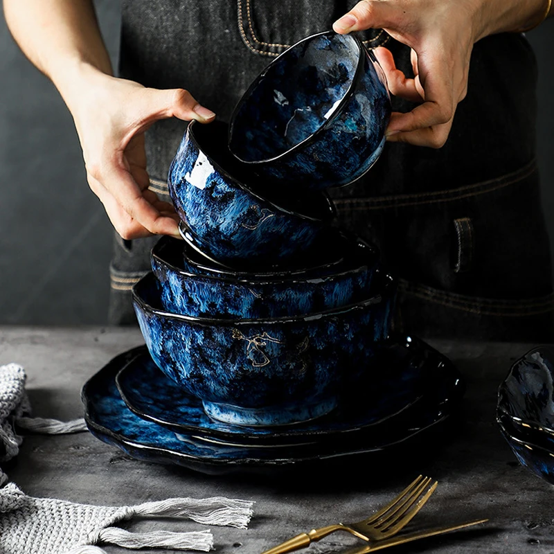 

Placas de jantar europeu azul cerâmica tigela arroz salada placa peixe criativo irregular pratos cozinha casa conjunto louça
