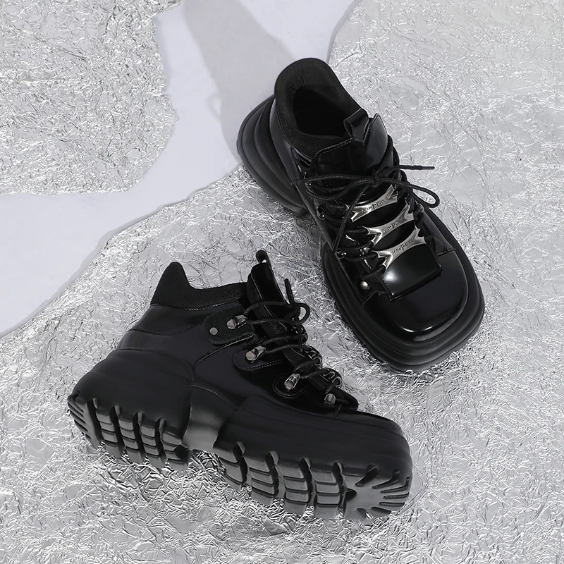 Women's Metal Platform High-Top Shoes 2022 Autumn and Winter New Punk Leather Shoes Gothic Dark Height Increase Device Car Boots