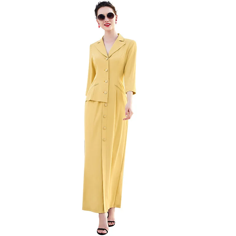 

Women Spring Summer Pencil Dress Office Lady Straight Dress Turn-down Collar Yellow Long Dresses Split Korean Three Quarter