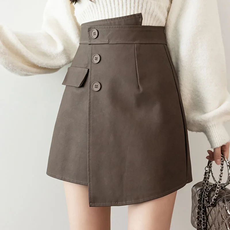 

Korean Fashion High Waist Spring Autumn Button Mini Short For Woman Black Skirt Pu Leather Skirts Womens Clothes 2022