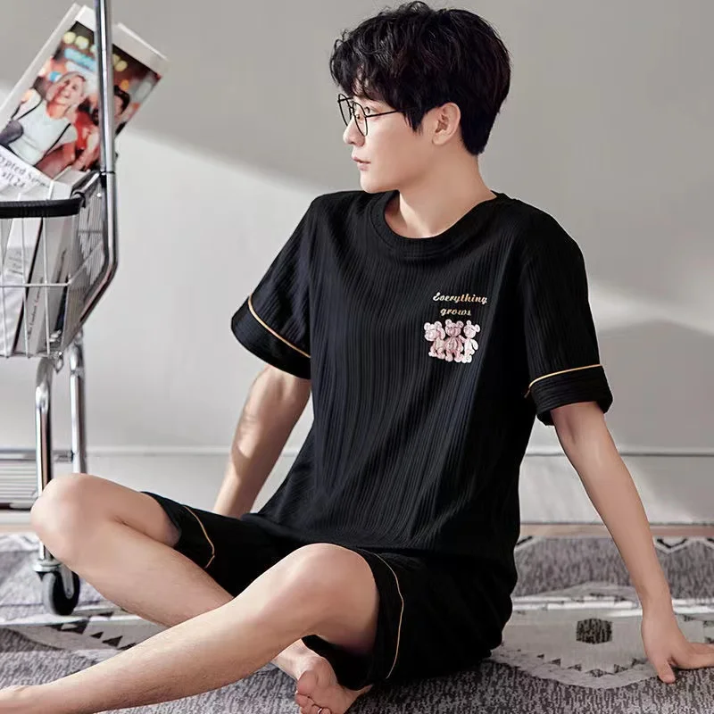 Summer Men's Pajamas Sets 100% Cotton Sleepwear Plus Size Short Sleeve Shorts Leisure Home Clothes 2 Pieces/Set Lounge Pijam