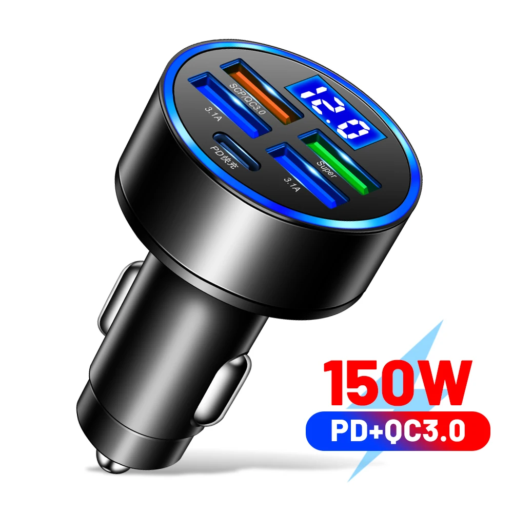 5 Ports USB Car Charger Fast Charging Quick Charge 3.0 USB Car Charger Adapter For iPhone 14 Xiaomi Samsung 150W Mobile Chargers