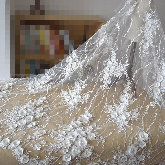

3D Appliqued Beading Lace Fabric Off White Color Gowns Dress Sewing Luxurious Embroidery Lace Pearls Beaded Lace Continuous