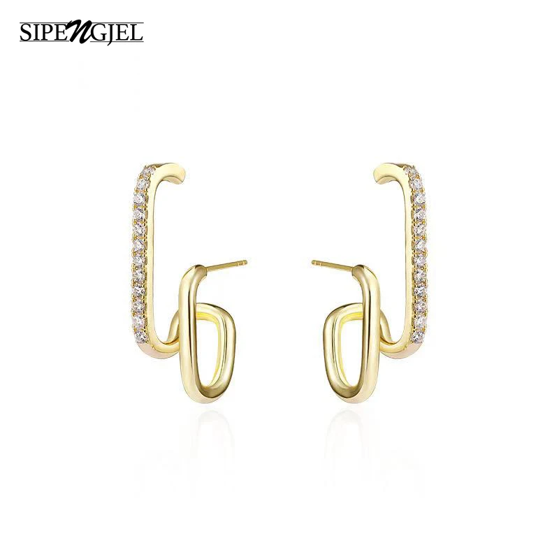 

SIPENGJEL Fashion Zircon Geometric Gold Color Curved Stud Earrings Europe and America Minimalist Earrings for Women Jewelry 2022