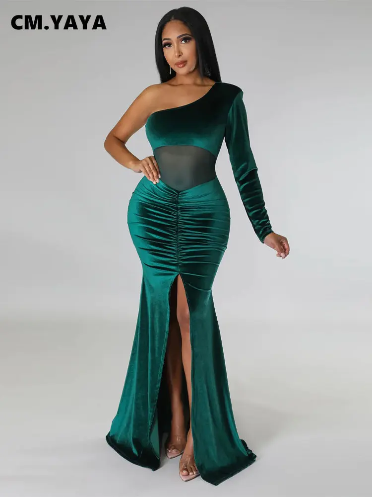 

CM.YAYA Women Velvet Mesh Patchwork One Shoulder Long Sleeve High Slit Floor Length Mermaid Bodycon Midi Sexy Party Club Dresses