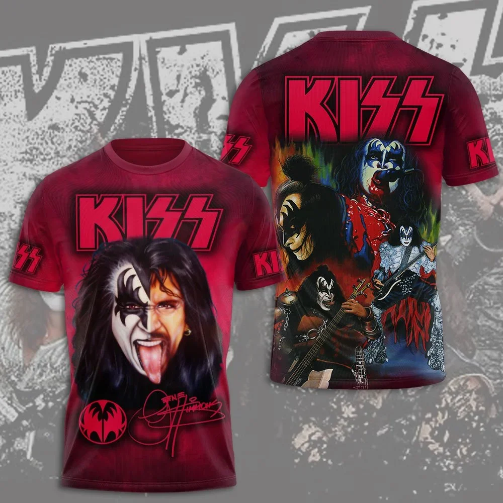 Фото Футболки с 3D-принтом Rock Band Kiss, летние, для мужчин и женщин, забавные, в стиле хип-хоп, с коротким рукавом, круглым вырезом, уличный стиль, Y2K. №5