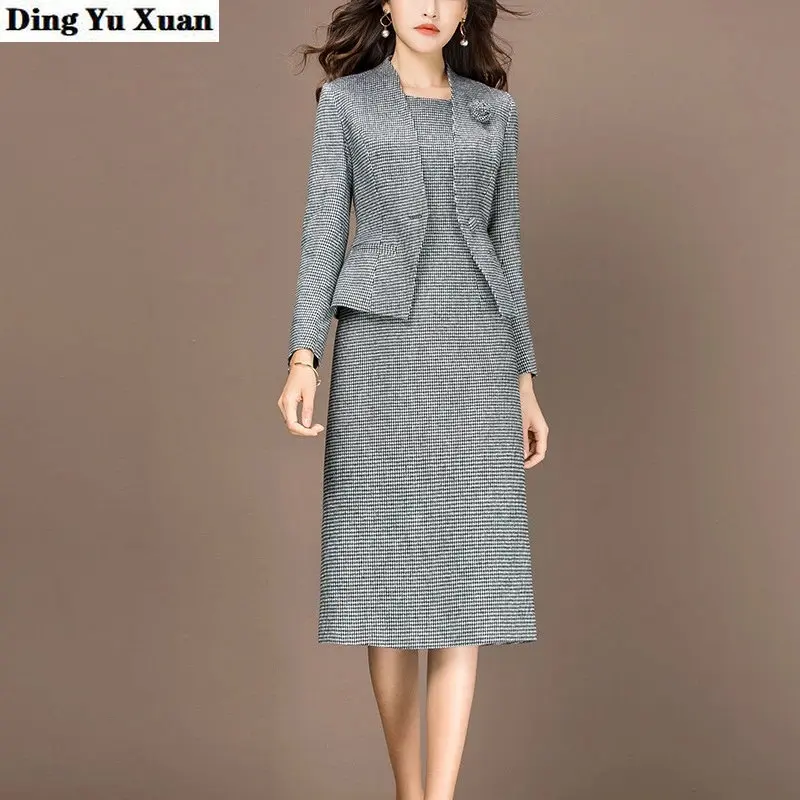 

Женское платье до колен, костюмы для женщин, офисная одежда, длинный Тренч и платье, комплект из двух предметов, Женский официальный костюм