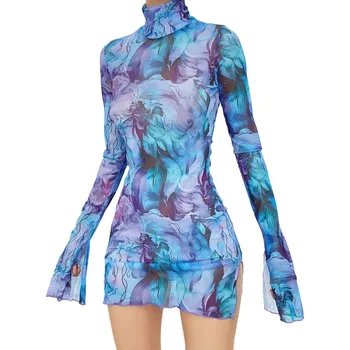 Summer Mesh Floral Print Dress for Women Sexy See Though Bodycon Turtleneck Long Sleeve Dress Side Slit Party Beach Dress Robe 1
