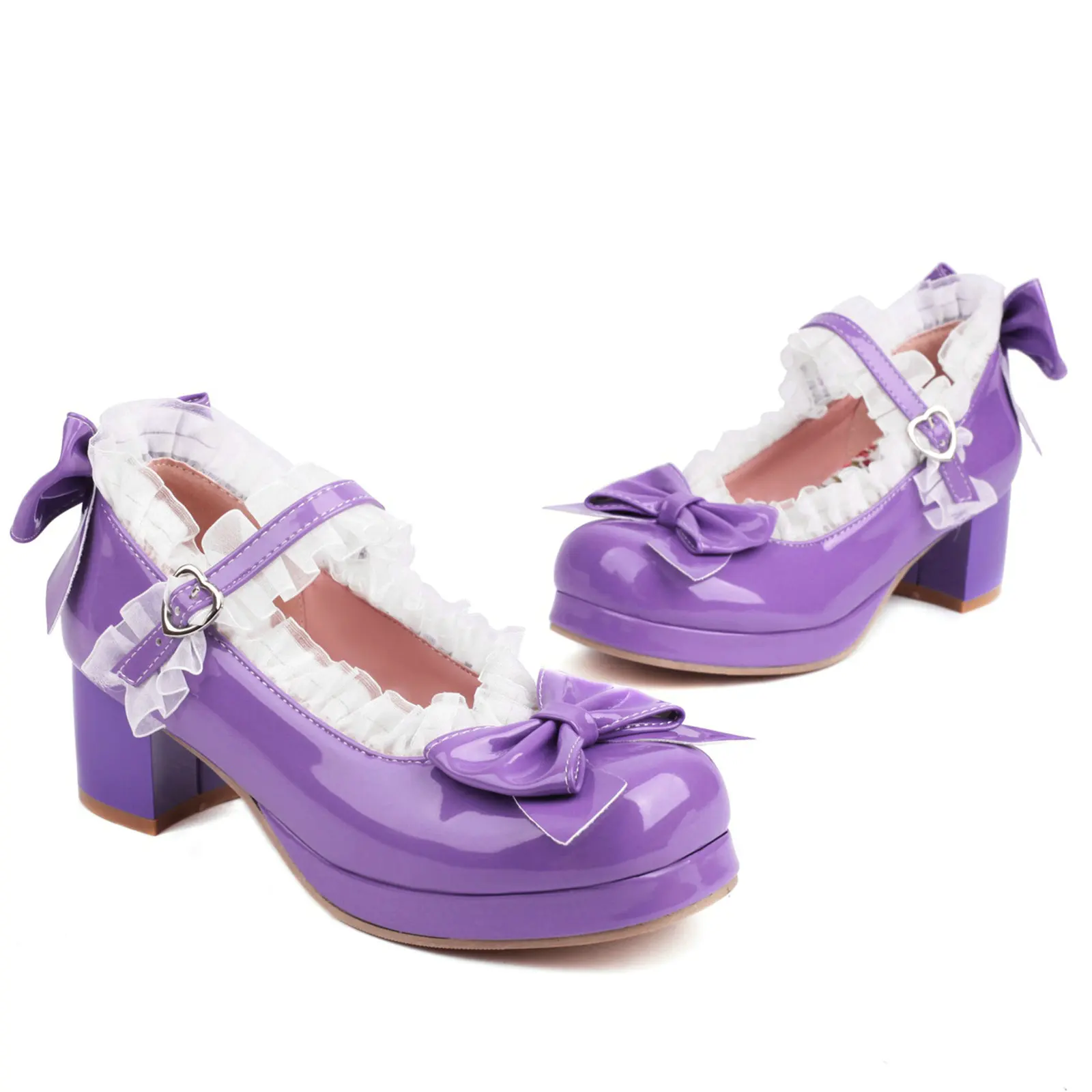 Eokkar Lolita Shoes Mary Janes Patent Leather Block Heel Pumps with Bow Kawaii Shoes for Women Platform Cute Pumps Cosplay Shoes