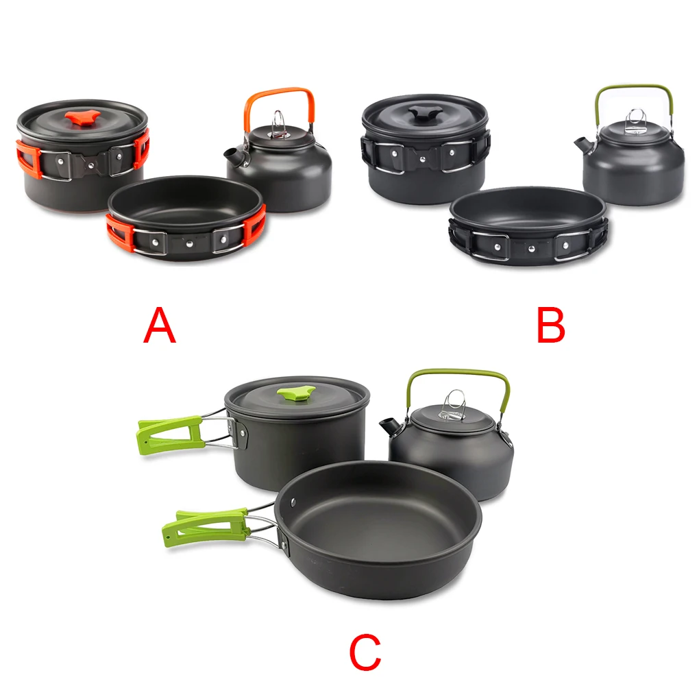 

3PCS Set Outdoor Cookware Camping 2-3 People Pot Kitchenware Portable Pan Backpacking Reusable Equipment Kettle Orange