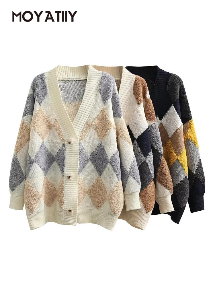 

MOYATIIY Women 2022 Fashion Winter Cardigan Sweater Elegant Plaid Thick Cardigans Vintage Jumper Oversized Tops