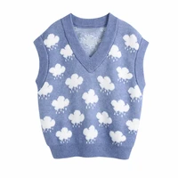 harajuku clouds jacquard knitted vest sweaters women fashion v neck sleeveless knitwear female preppy style casual tops sweet
