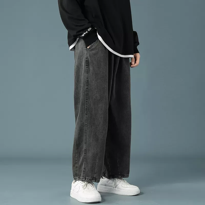 2022New Spring New Men's Baggy Denim Wide Leg Pants Korean Style Elastic Waist Stylish Harem Fit Jeans Skateboard Trouse Mal
