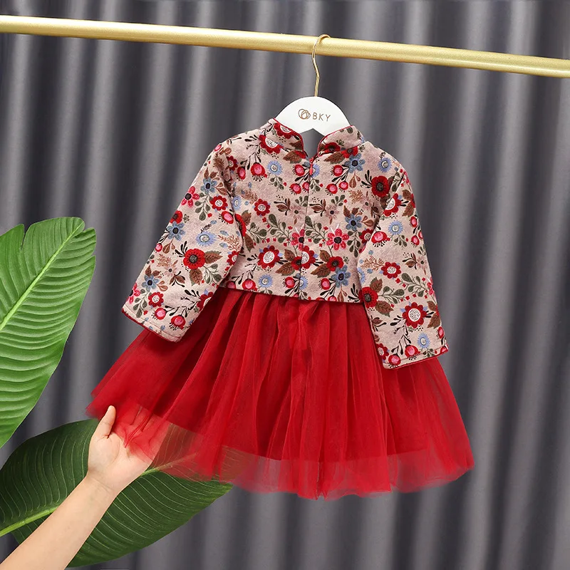 Китайский чехонгсам для девочек детей с бантом, цветочным принтом, винтажным ханьфу, нарядом на Новый год и Рождество, тангсуитом, красным воздушным платьем на зиму.
