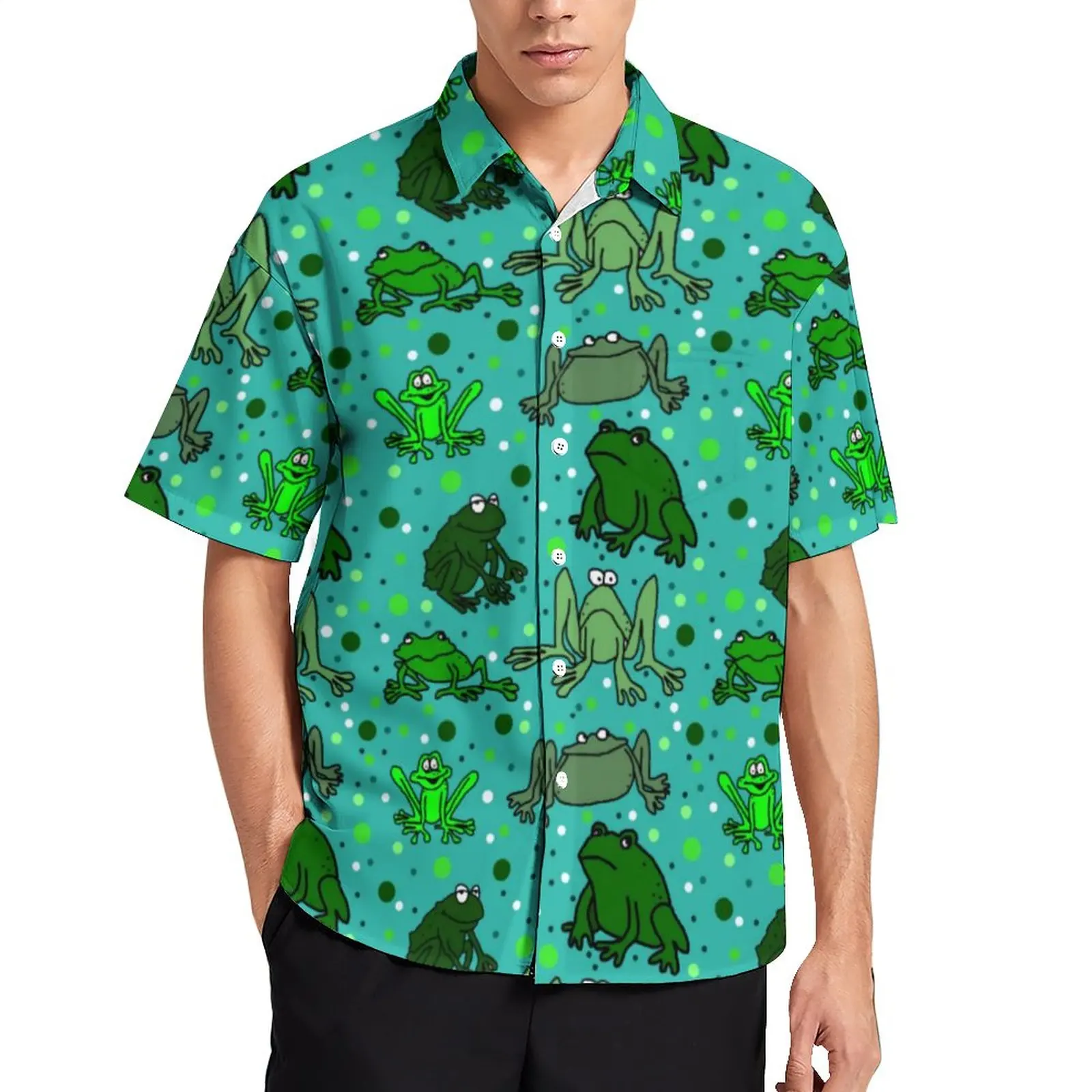 

Cartoon Frog Vacation Shirt Mens Funny Animal Print Casual Shirts Hawaiian Short Sleeves Graphic Vintage Oversized Blouses Gift
