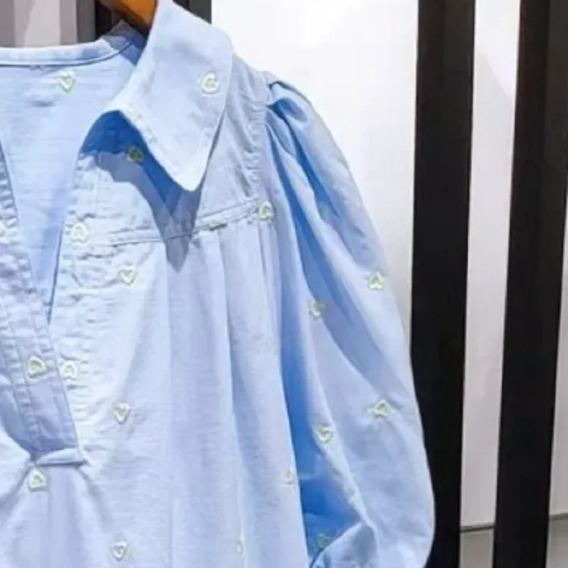 

Women's Mid Length Robe Print Puff Short Sleeve Embroidery V-Neck Shirt Dress Loose Sweet