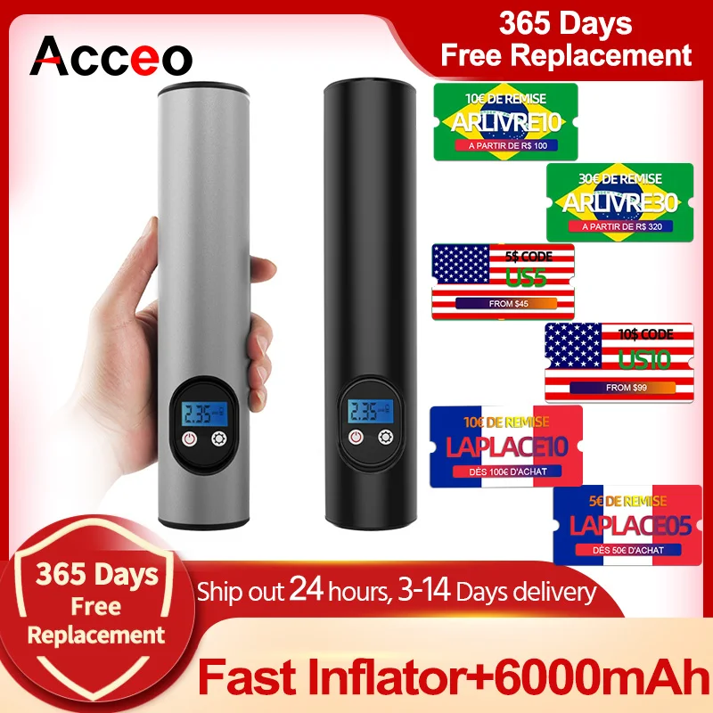 

Аккумуляторный насос для шин Acceo, USB, беспроводной портативный компрессор, мини цифровая фотография, для автомобиля, велосипеда, шин, мячей
