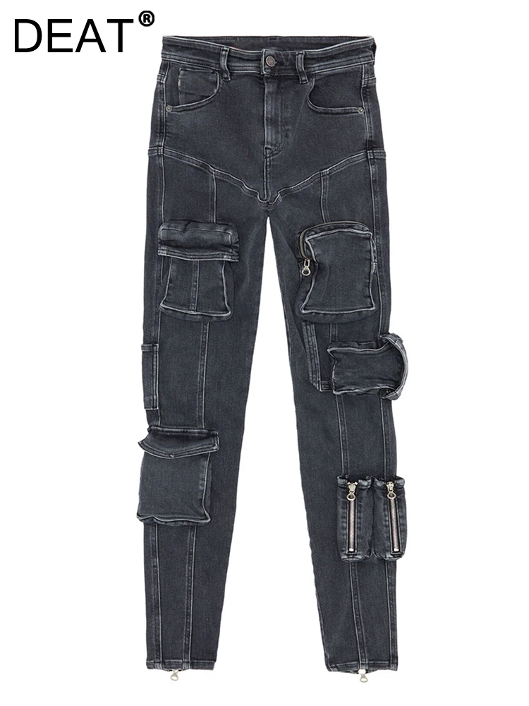

DEAT Fashion Women's Jeans High Waist Three-dimensional Pocket Slim Elastic Zipoper Denim Pencli Pants Spring 2023 New 17A3777H