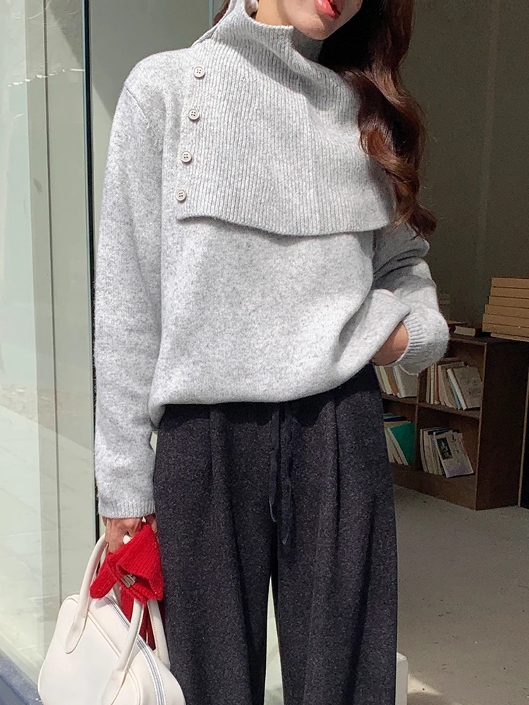 [EAM] Синий с шарфом большой размер вязаный свитер женские пуловеры круглым