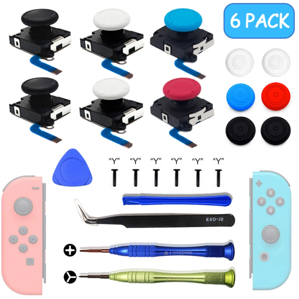 

6 Pack Joycon Joystick Replacement Repair Kit for Nintendo Switch 3D Analog Thumb Sticks Caps Switch Lite OLED Tool Accessories