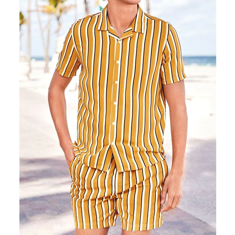 

Print Short Sleeve Striped Shirt Beach Button Shorts Trip Swimsuit Holiday Daily Men's Two Piece Suit Summer Men Hawaiian Sets