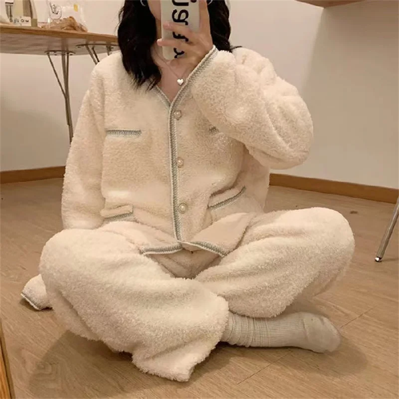 2023 New Pajamas Set Women Winter Coral Velvet Pyjamas Sets Sweet Cute Flannel Long Sleeve Female Homewear Nightwear