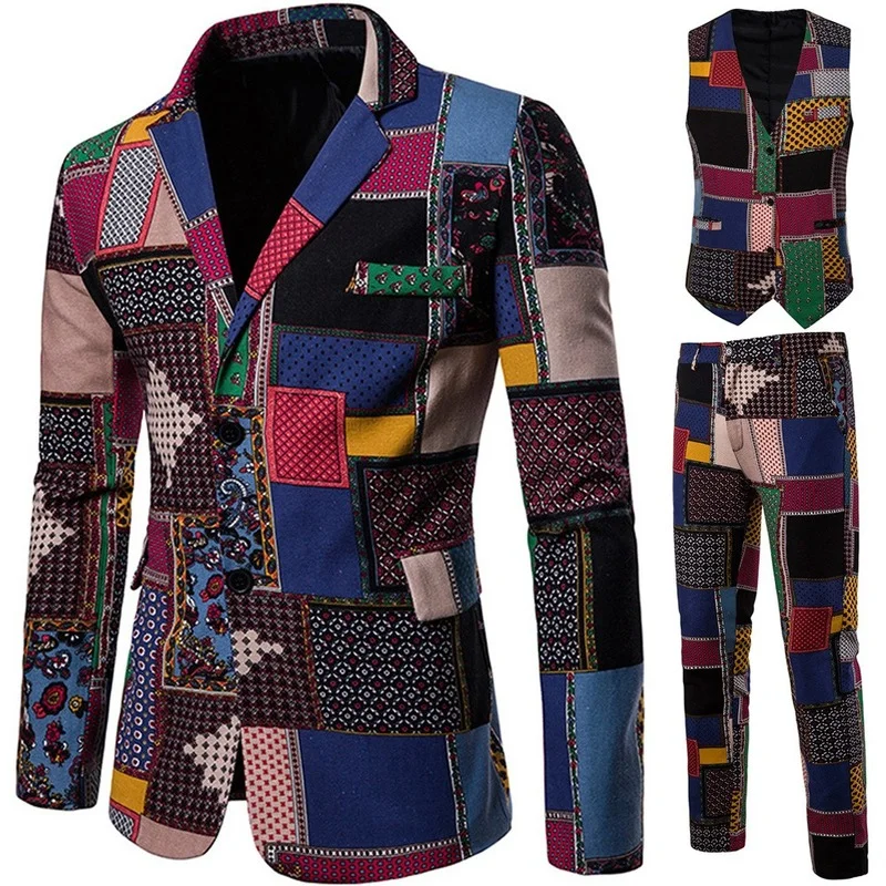 2022 New Men's Suits Casual Fashion Trend Printing Color Matching High Quality Lapel Vests Trousers 3-piece Set Mens Clothing