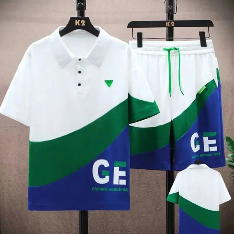 Summer Men's Suit Ice Silk Fashionable Casual Sports Shorts Set with Handsome POLO Shirt Men's Short-sleeved T-shirt