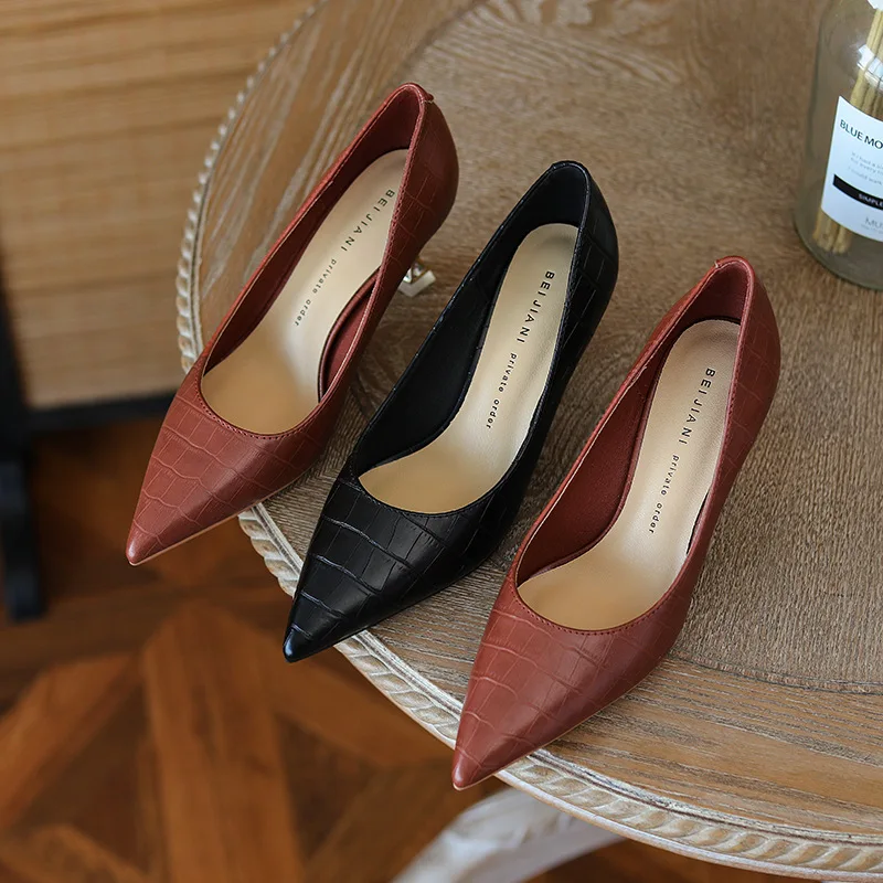 

998-20 Stone Pattern Stiletto Heel Shoes Women's Shallow Mouth Pointed Toe Elegant Single Shoes Work Shoes Soft Sole