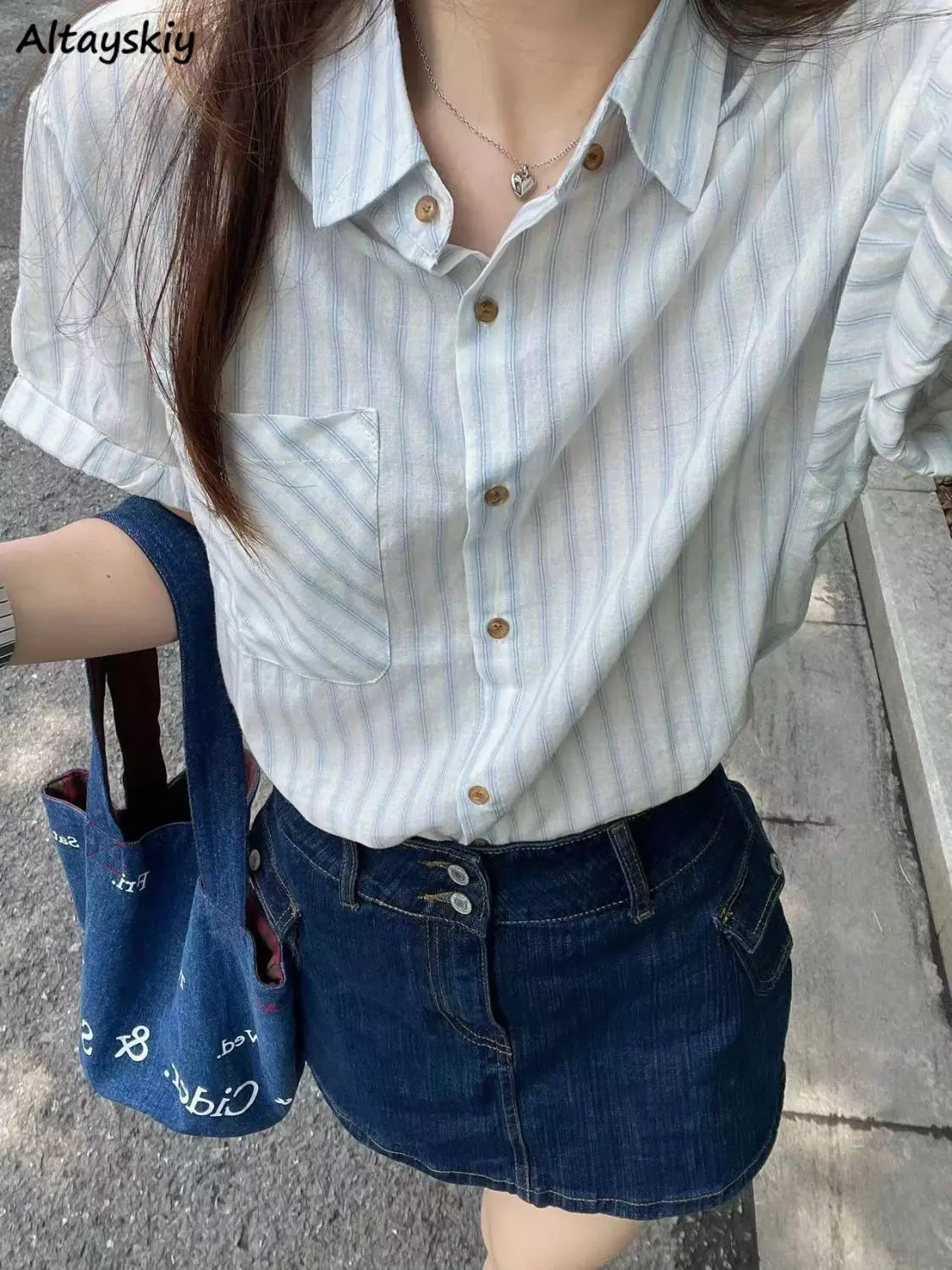 

Short-sleeve Shirts Women Literary Striped Preppy Style Gentle Summer Classic Loose Harajuku Lapel Casual Thin Camisas All-match