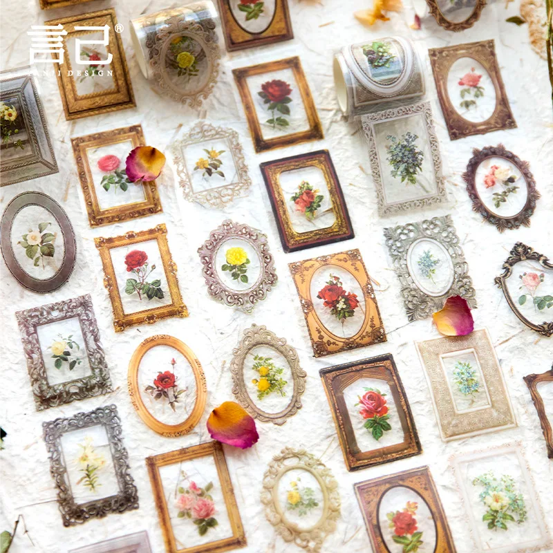 

Vintage PET Tape Retro Flowers Rose Frame Decoration Collage Handbook Material Stationery Cute Stickers Collage Junk Journaling