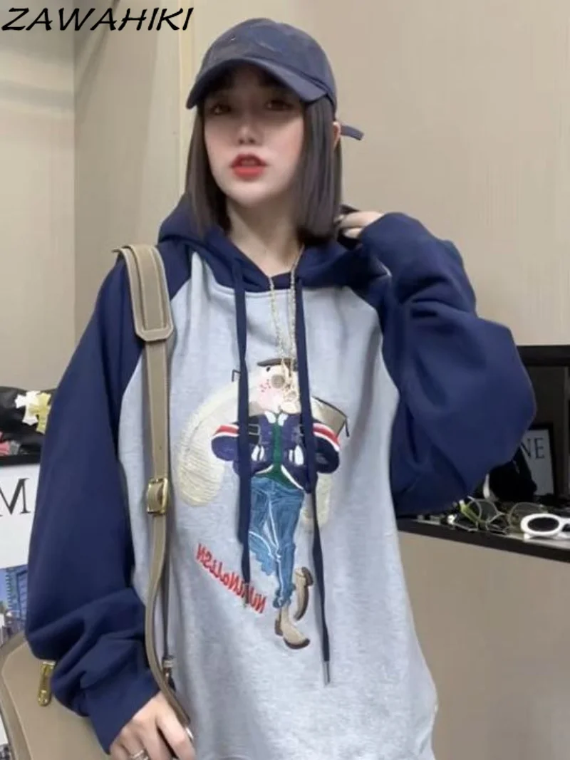 

Cute Cartoon Print Streetwear Retro Pullover Hoodie Y2K Loose Patchwork Contrast Color Hoodie Oversized Sweatshirt Women Top