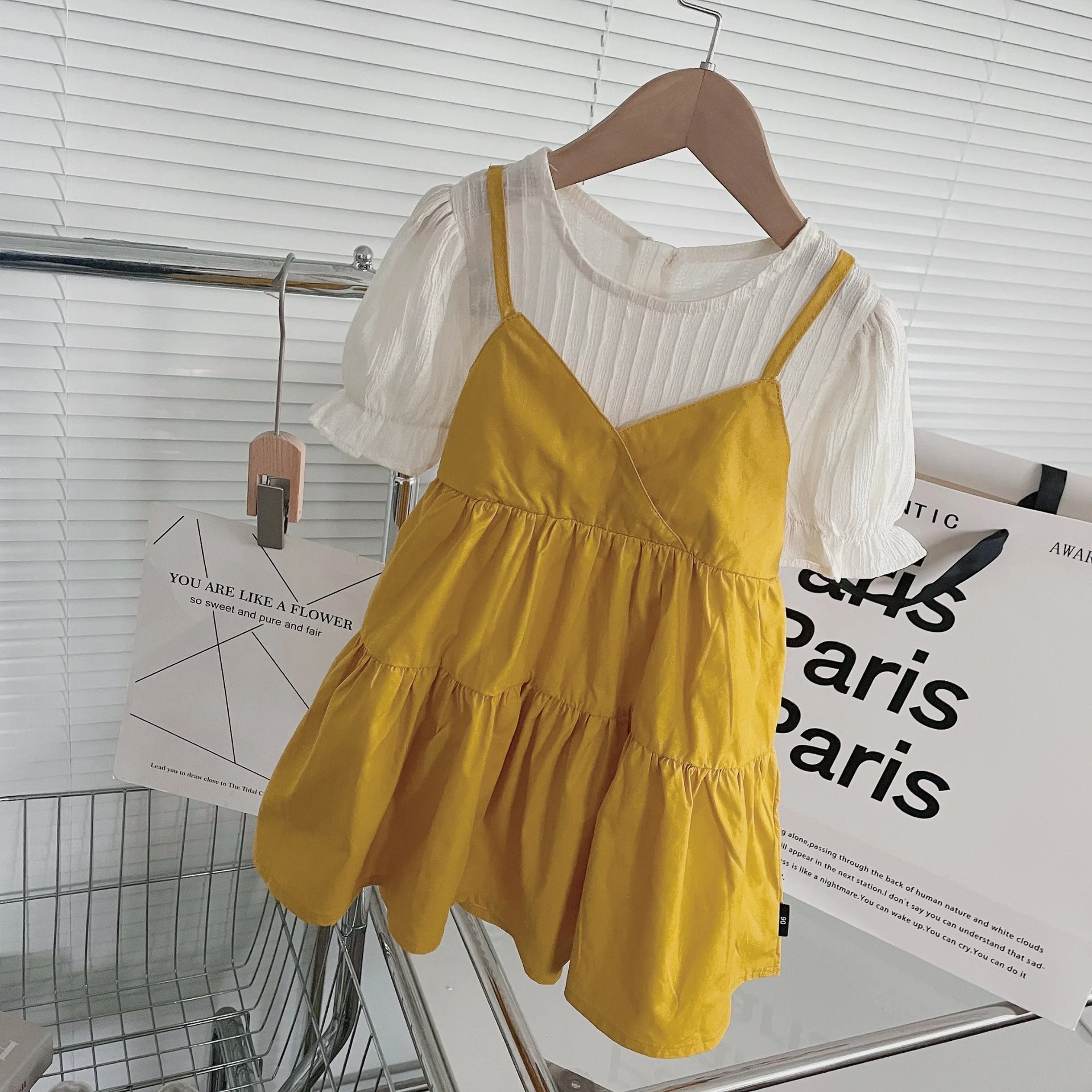 

Kids Girls Dresses 2022 New Summer Short Sleeve Fake Two-Piece Suspenders Dresses Children Solid Color Clothing Casual Vestidos