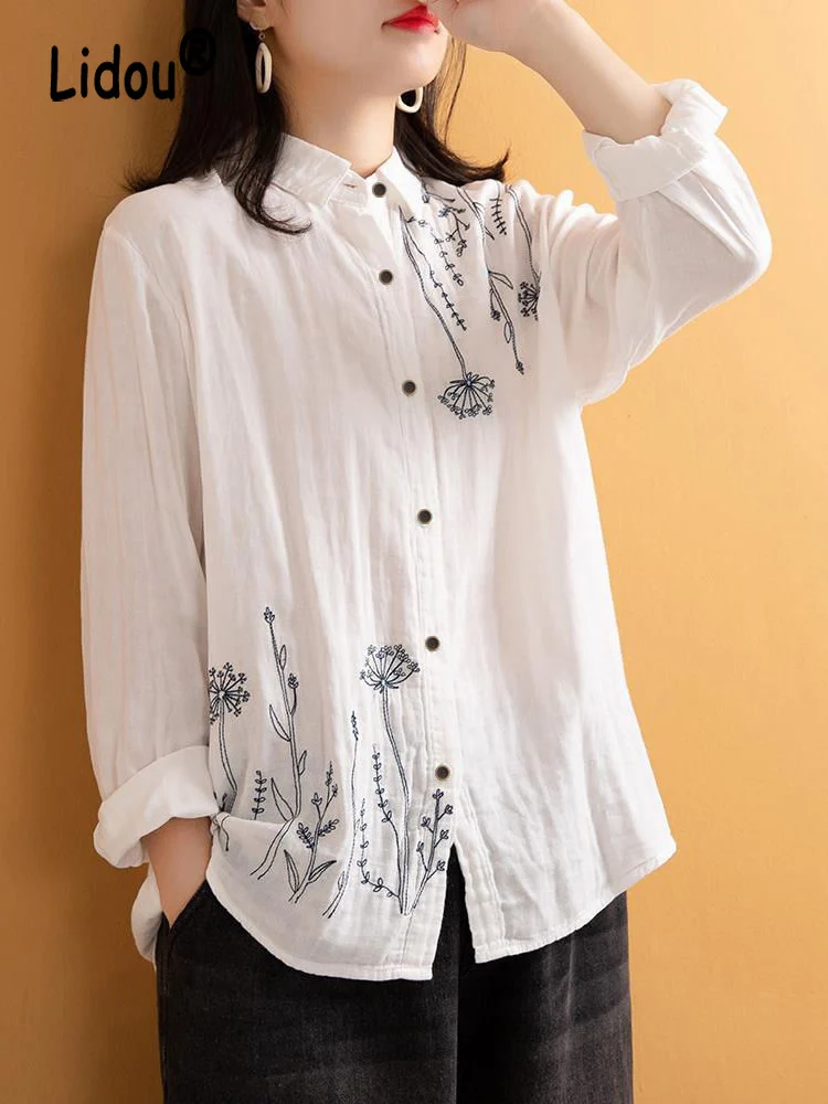 

Autumn Vintage Literary Embroidered Cotton Simple Ladies Tops Women's Casual Long Sleeve Loose Button Blouse Shirt Blusas Mujer