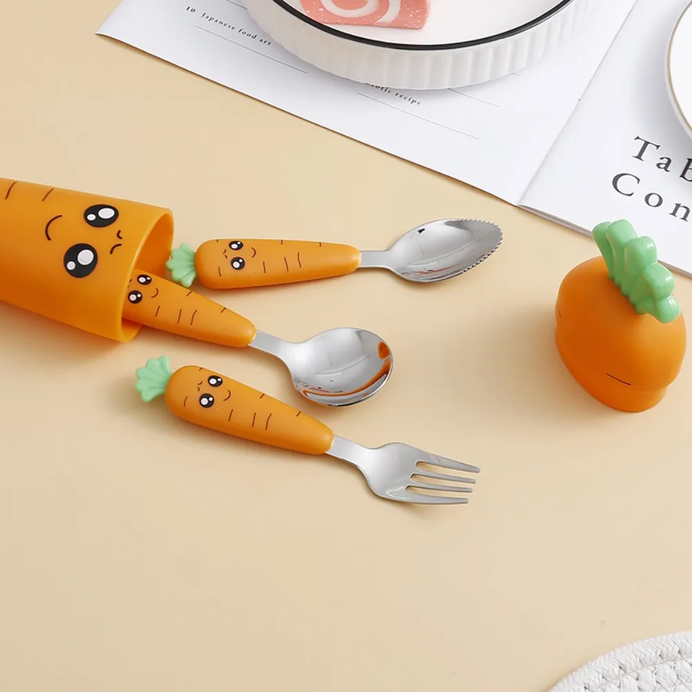 

Kids Dinnerware Eating Training Baby Feeding Kitchen Tableware Spoon Fork Flatware Complementary Spoon Carrots Set
