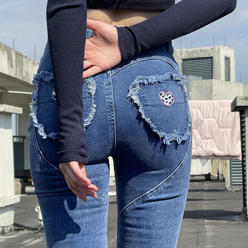 American Retro Cow Heart Slim Fit Hip Raise Slimming and Tall Bootcut Trousers jeans shorts women