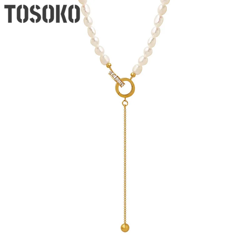 

TOSOKO Stainless Steel Jewelry Roman Numeral Zircon Double Ring Tassel Pearl Necklace Women Fashion Collarbone Chain BSP1340