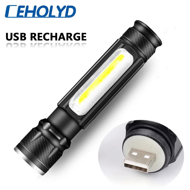 

LED Flashlight XM-L T6 Built-in Battery USB Rechargeable Torch Aluminum Lanterna Camping 2000LM COB Zoomable 3 Modes Bulbs Black