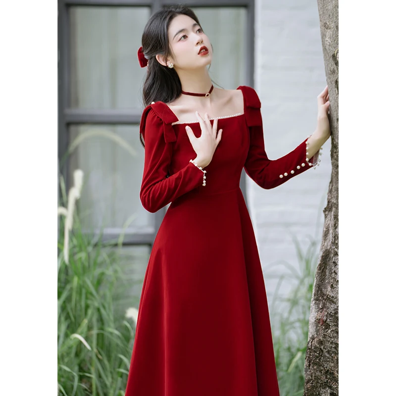 

YOSIMI Red Velvet Women Dress Elegant 2023 Spring Square Collar Mid-calf Long Sleeve Fit and Flare A-line Vintage Party Dress