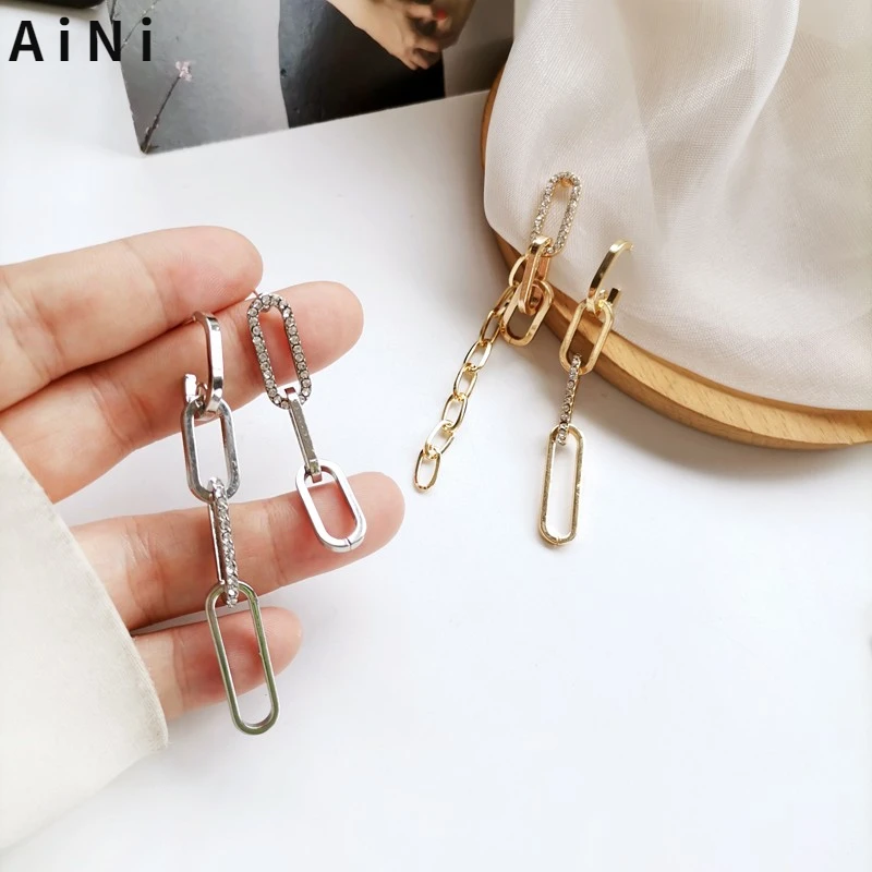 

S925 needle Modern Jewelry Metal Chain Earrings 2021 New Design High Quality Crystal Asymmetrical Drop Earrings For Women Gifts
