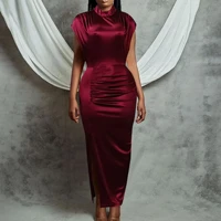 s 3xl women dress pleated long wine red elegant slit high collar slim fit sleeveless maxi robes female shiny gowns party 2022